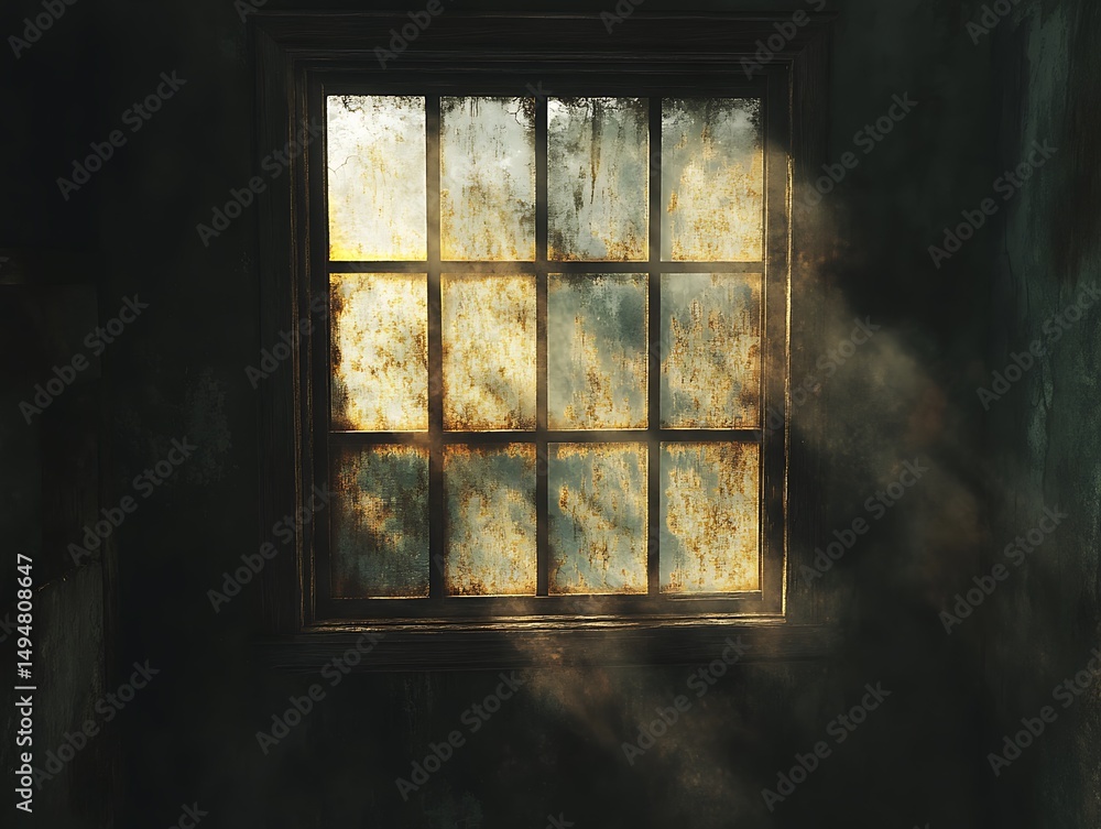 Fototapeta premium Sunlight piercing through an old window, casting ethereal light in the dim room