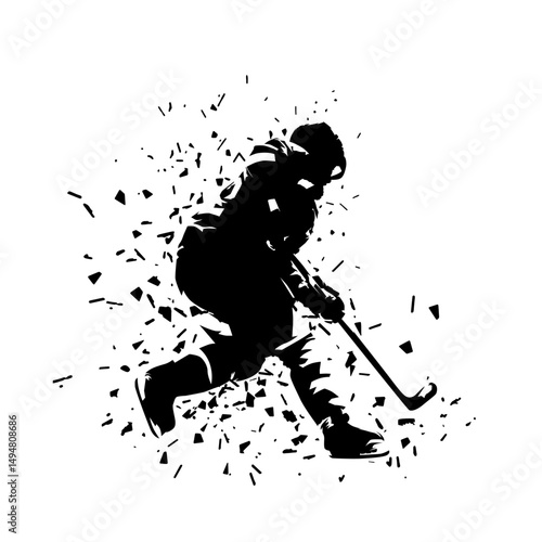 Ice hockey player skating with puck, ink drawing with dispersion effect. Isolated vector silhouette. Ice hockey