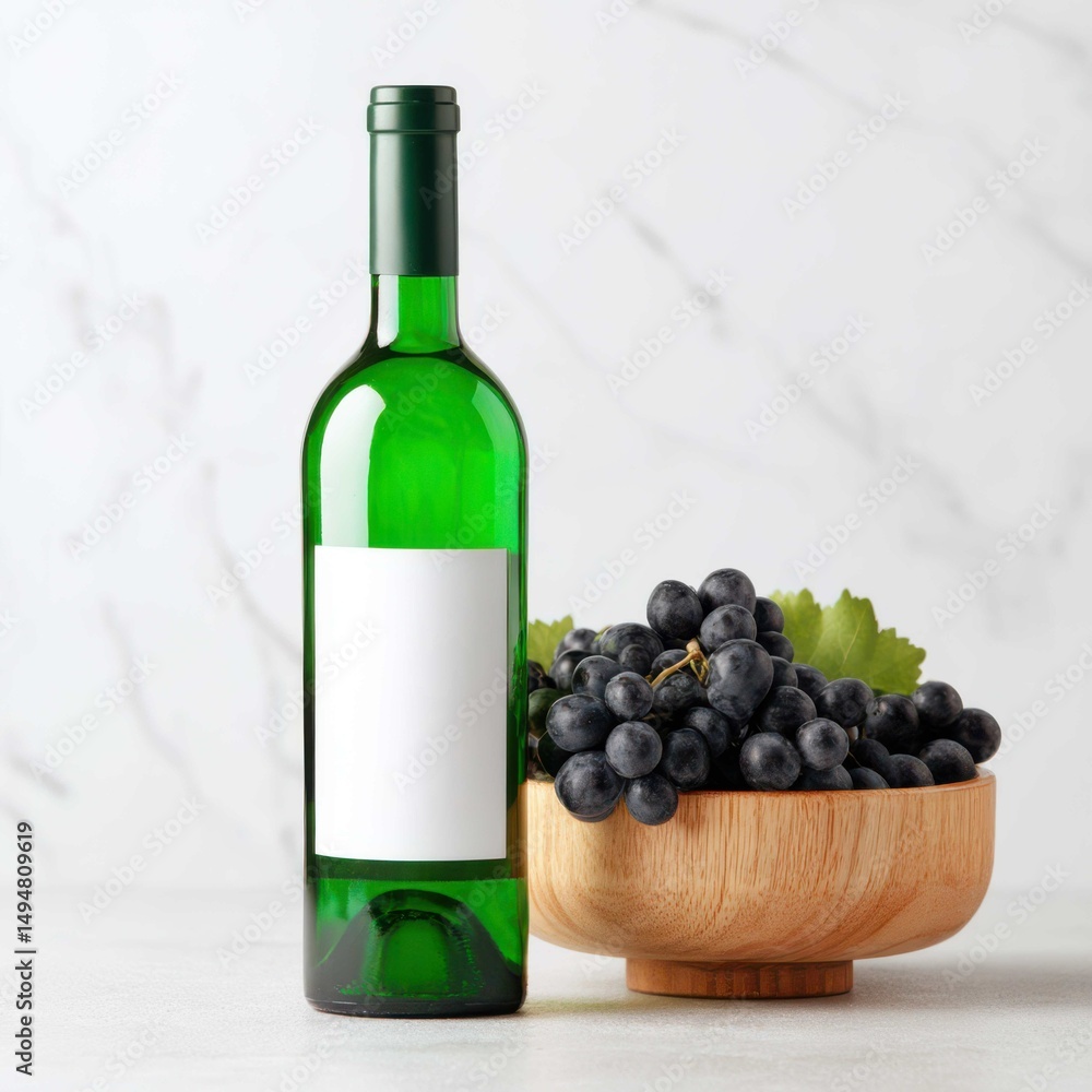 Obraz premium Bottle of white wine with blank label and black grapes in a wooden bowl