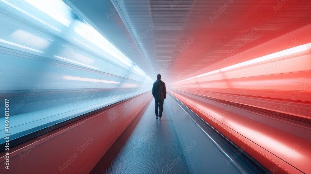 Future Journey: Person Walking Through Abstract Light Tunnel, Technology Concept, Modern Future Journey: Person Walking Through Abstract Light Tunnel, Technology Concept, Modern