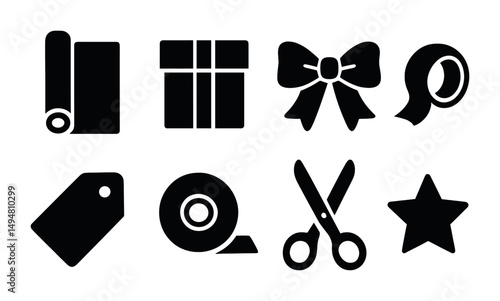 Gift wrapping silhouette icons set – solid, present, holiday packaging symbols