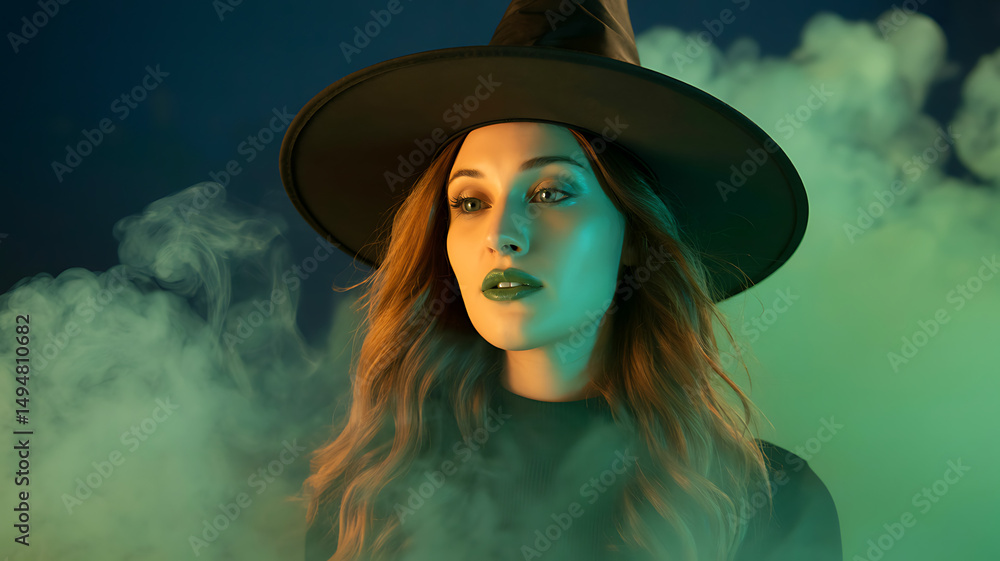 Portrait of a young woman in a witch costume with green lipstick and a large hat surrounded by smoke against a dark blue background Portrait of a young woman in a witch costume with green lipstick and a large hat surrounded by smoke against a dark blue background