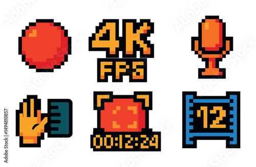 Technology and streaming pixel art icons set – 3d, recording, gaming symbols