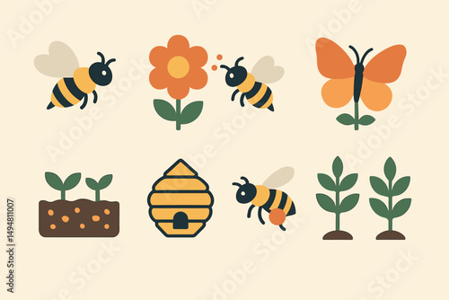 Garden and pollinator icons set – flat, filled, nature and ecosystem symbols