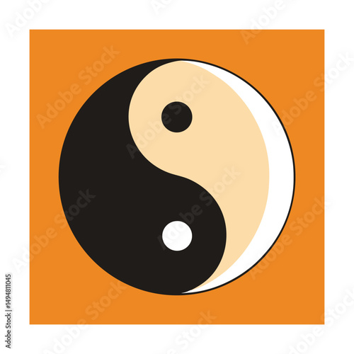 Simple yin yang symbol illustration in black white and peach on orange background