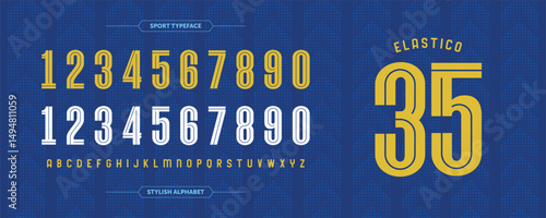 Elastico 35: Retro Number Stylish sport concept. Jersey design with custom Yellow numbers. Vector illustration in blue ornament background
