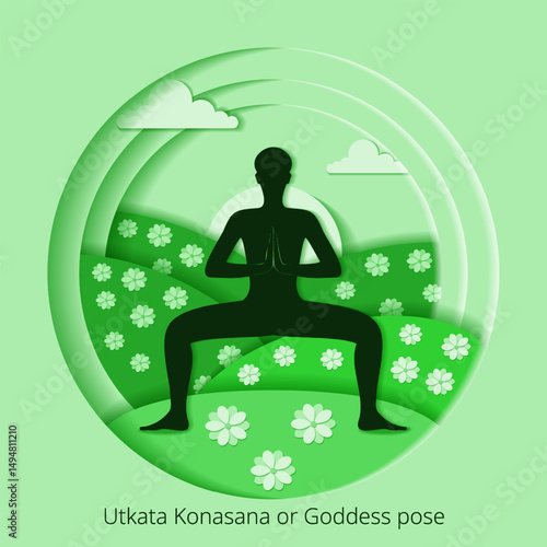 International Yoga Day. Utkata Konasana pose. Goddess pose. Paper cut design. Isolated vector illustration.