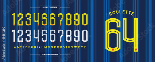 Roulette 64: Retro modern number stylish sport concept. Jersey design with custom yellow and white numbers. Vector illustration in stripes blue hues background