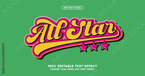 All Star: A stylish baseball-inspired font effect. Fully editable text for a dynamic and sporty look. Perfect typography with nice color combination. Vector eps format