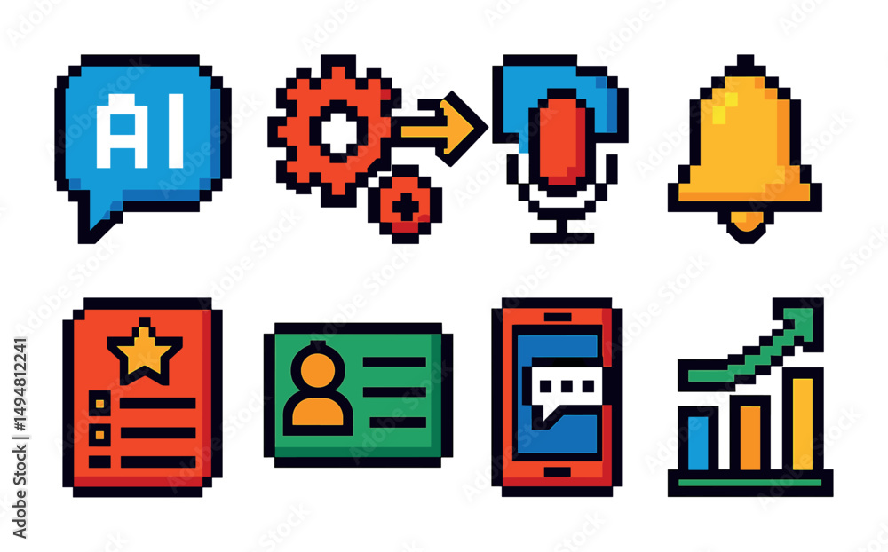 Technology and communication pixel art icons set – retro, digital, tech symbols Technology and communication pixel art icons set – retro, digital, tech symbols
