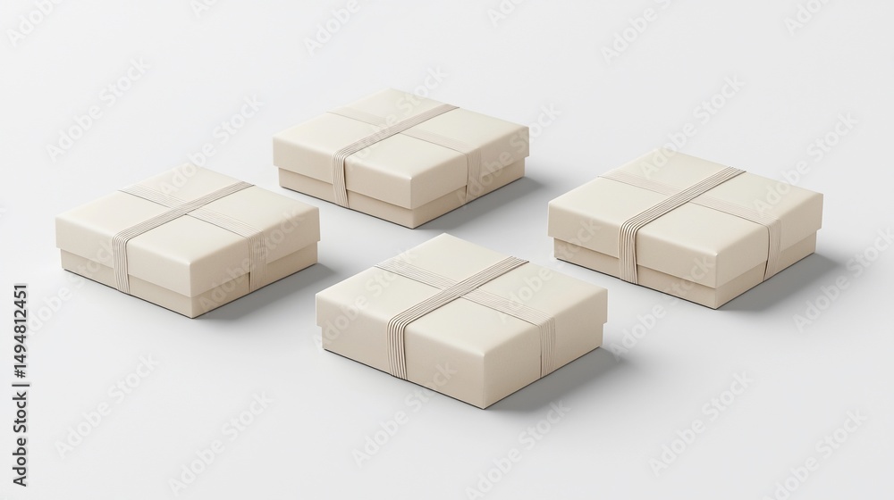 Fototapeta premium Four light beige gift boxes with beige ribbon