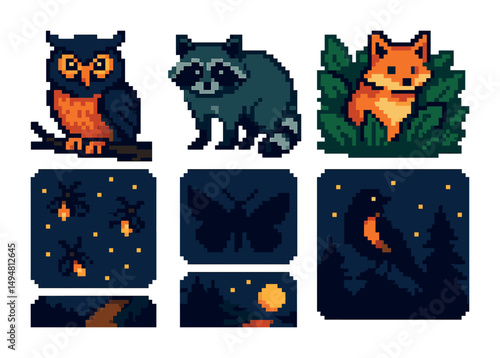 Wildlife pixel art icons set – animals, nature, nocturnal creatures