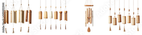 Decorative bamboo wind chimes hanging from a structure creating a soothing and serene outdoor atmosphere with their natural earthy tones and gentle chiming sounds