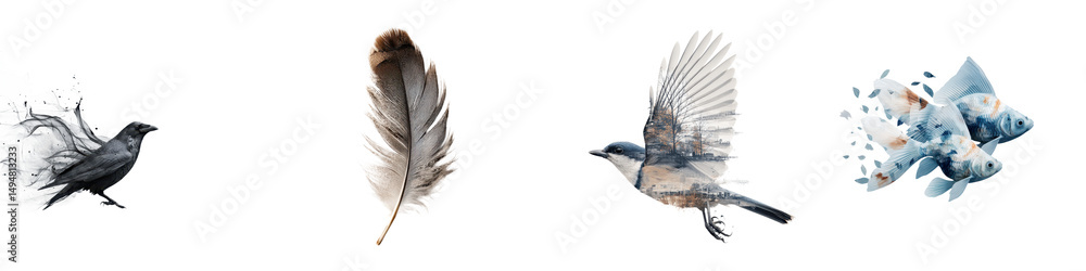 Fototapeta premium A striking visual contrast between the delicate dynamic forms of bird feathers and the serene minimalist beauty of abstract icy rock formations