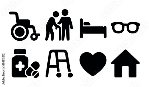 Healthcare and accessibility solid icons set – filled, medical and aid symbols