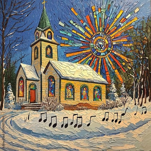 Christmas theme, bold oil painting snowy church with colorful stained-glass windows, musical notes radiating from the steeple, for music frame
