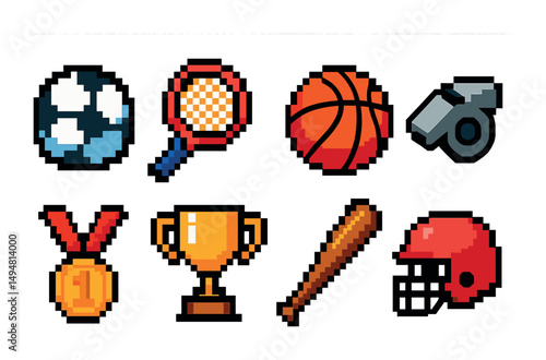 Sports and games pixel art icons set – playful, filled, athletic symbols