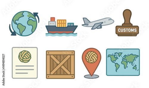 Global trade and logistics icons set – flat, outline, shipping and customs symbols