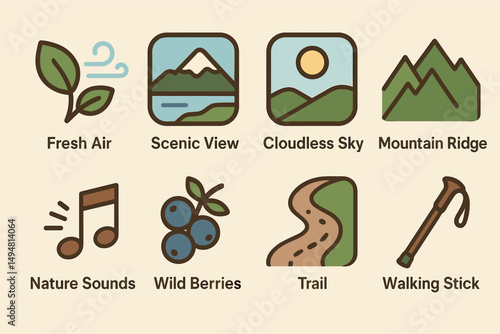 Outdoor adventure icons set – flat, fresh air and scenic view symbols