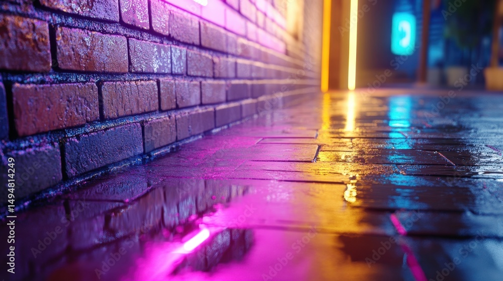 Obraz premium Neon light rays hitting a brick wall, reflections on wet ground in moody urban night scene