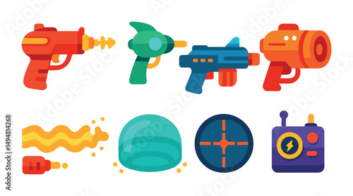 Futuristic weapons icons set: flat, laser guns, sci-fi gadgets graphics collection