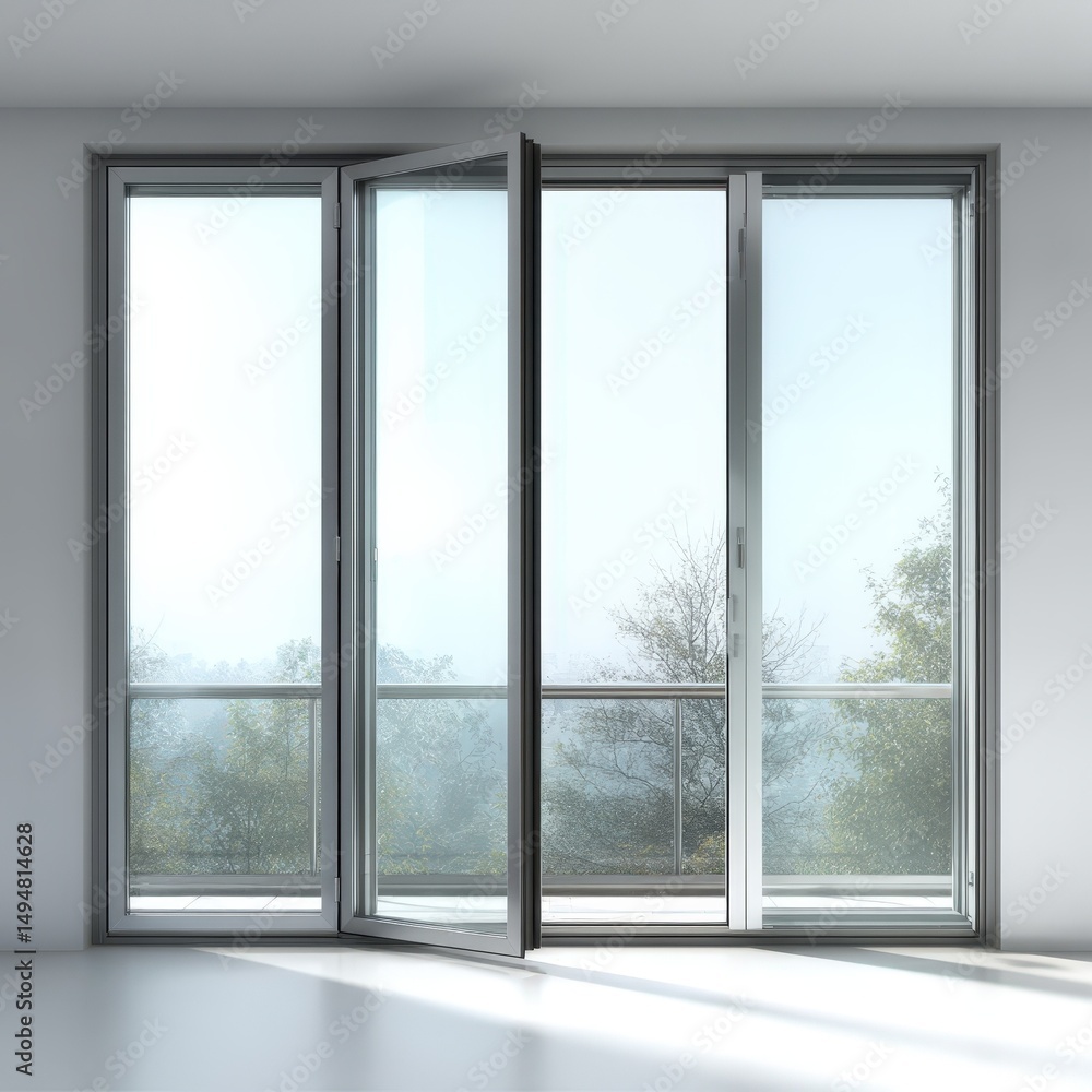 Naklejka premium Modern Glass Patio Doors Open to Balcony View with Trees and Sky Enjoy the fresh air and natural light