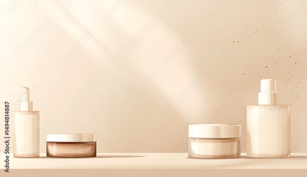Cosmetic jars and bottles displayed on shelf against a light beige background with soft sunlight Cosmetic jars and bottles displayed on shelf against a light beige background with soft sunlight