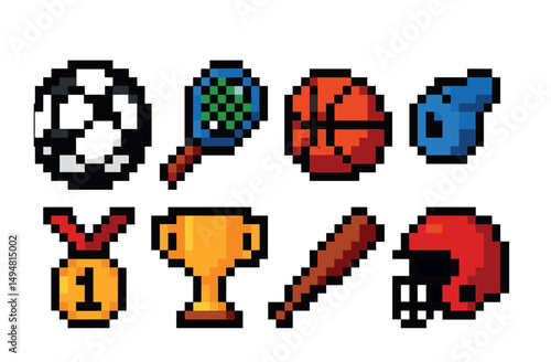Sports and recreation icons set – pixel art, vibrant, athletic symbols