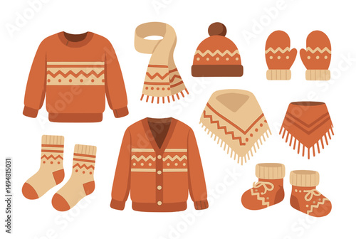 Winter clothing flat icons set – cozy apparel, seasonal fashion symbols