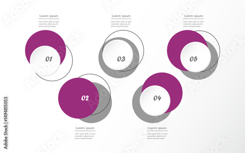 Creative purple infographic template with 5 steps, options, parts or processes. Presentation of teamwork or business processes.