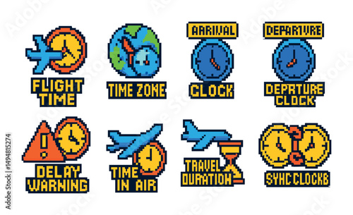 Time management pixel art icons set – airplane, travel, clock symbols