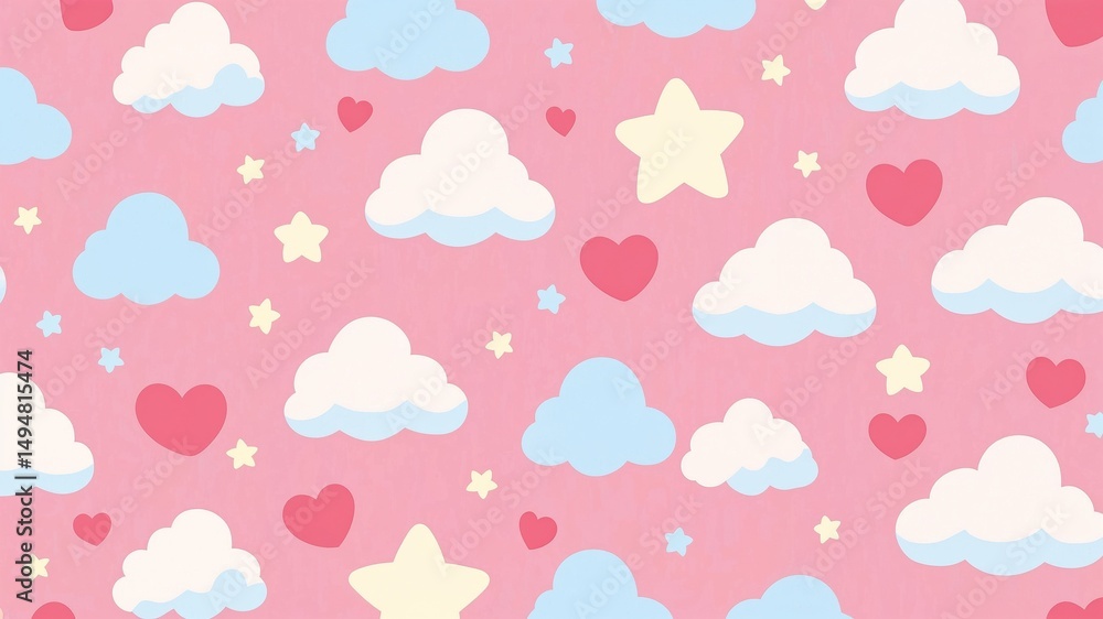 Cute kawaii-style seamless pattern with smiling pastel clouds, stars, and hearts on soft pink background, perfect for kids’ digital paper, baby showers invitations, children related businesses. Cute kawaii-style seamless pattern with smiling pastel clouds, stars, and hearts on soft pink background, perfect for kids’ digital paper, baby showers invitations, children related businesses.