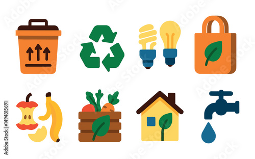 Eco-friendly recycling icon set – flat, environmental, sustainability symbols