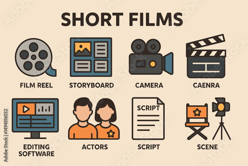Short films silhouette icons set – flat, filled, storyboard and filmmaking graphics