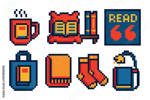 Books and reading pixel art icons set – cozy, literary, book lover symbols