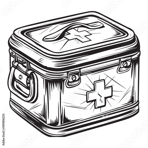 Black and white vector outline of an old first aid box, coloring page style
