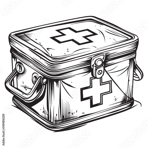 Black and white vector outline of an old first aid box, coloring page style
