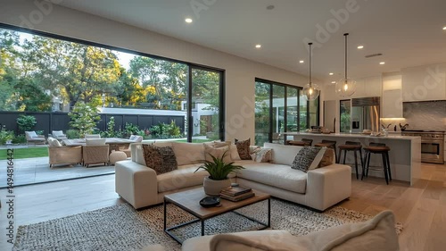 Wallpaper Mural Beige Colored Sofa in a Light Filled Contemporary Open Living Room with Wood Floors Modern Design and Plush Furnishings with Kitchen in the Background Torontodigital.ca