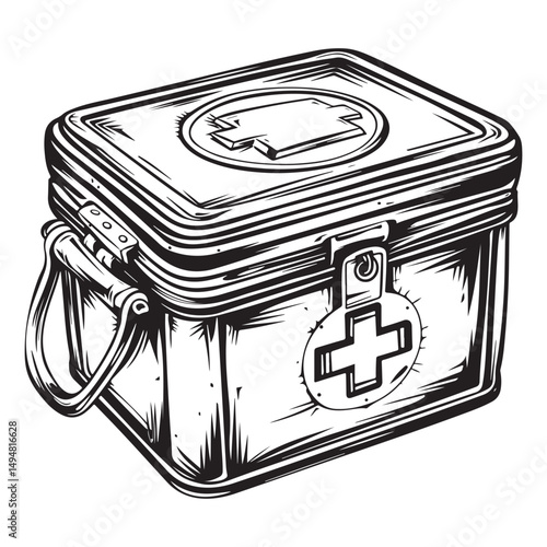 Black and white vector outline of an old first aid box, coloring page style
