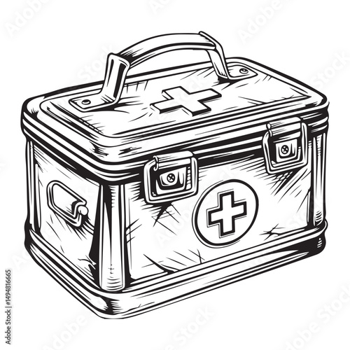 Black and white vector outline of an old first aid box, coloring page style