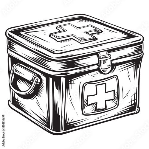 Black and white vector outline of an old first aid box, coloring page style