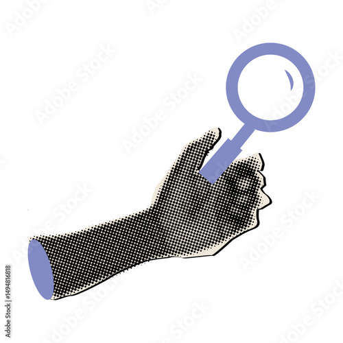 Halftone hand holding magnifying glass,collage cut out element,search, research, find information concept
