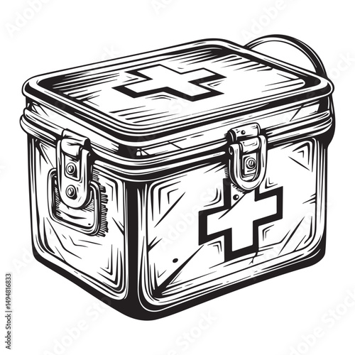 Black and white vector outline of an old first aid box, coloring page style
