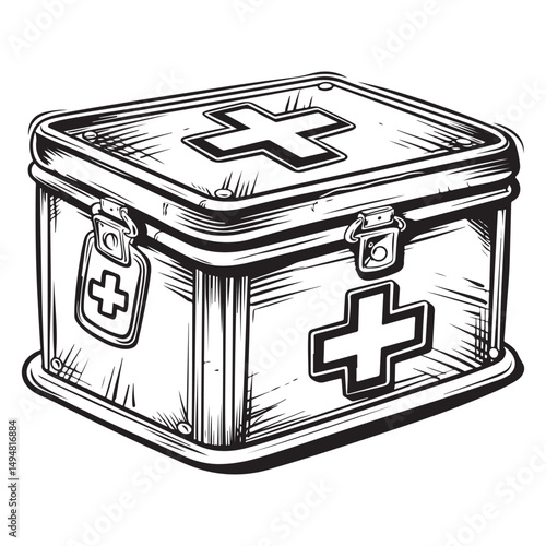 Black and white vector outline of an old first aid box, coloring page style