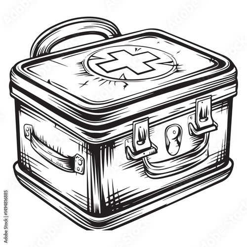 Black and white vector outline of an old first aid box, coloring page style