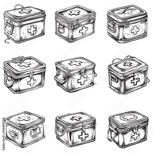 Black and white vector outline of an old first aid box, coloring page style
