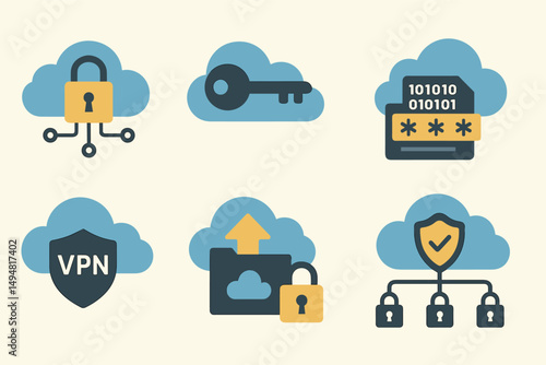 Cloud security flat icons set – cyber, data protection symbols
