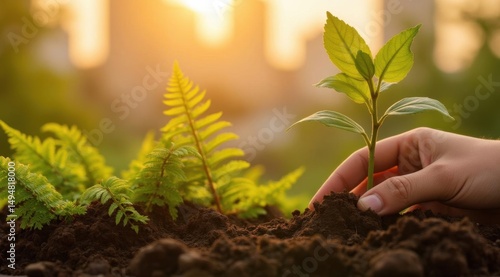 Planting vibrant greenery in cityscape urban garden action sunset silhouette background