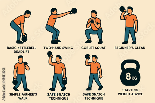 Fitness workout flat icons set – exercise, kettlebell, strength training symbols