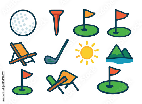 Golf and leisure outline icons set – flat, sport, relaxation symbols